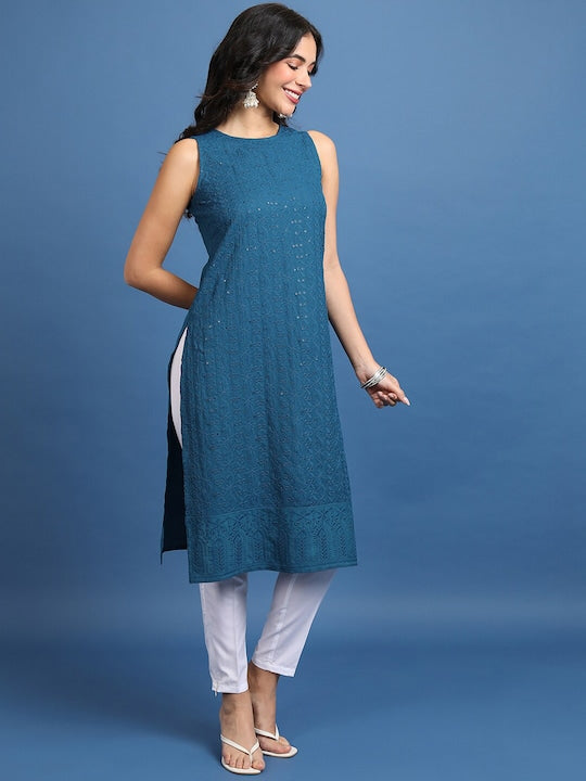 Vishudh Teal Floral Embroiderd Sequinned Sleeveless Straight Kurta
