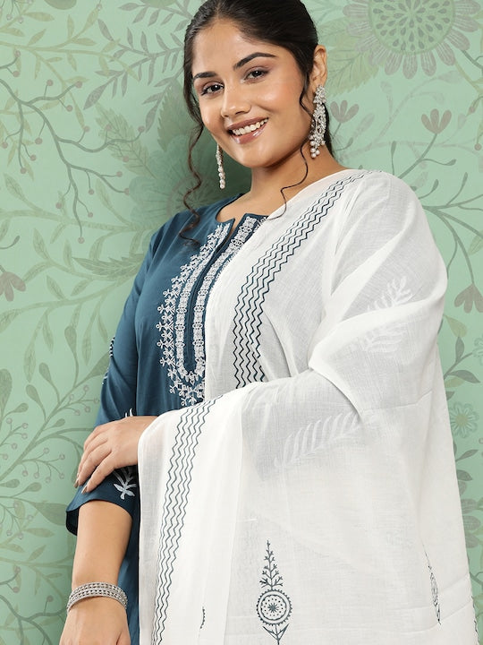 Yufta Plus Size Ethnic Motifs Embroidered Pure Cotton Kurta with Palazzos & With Dupatta