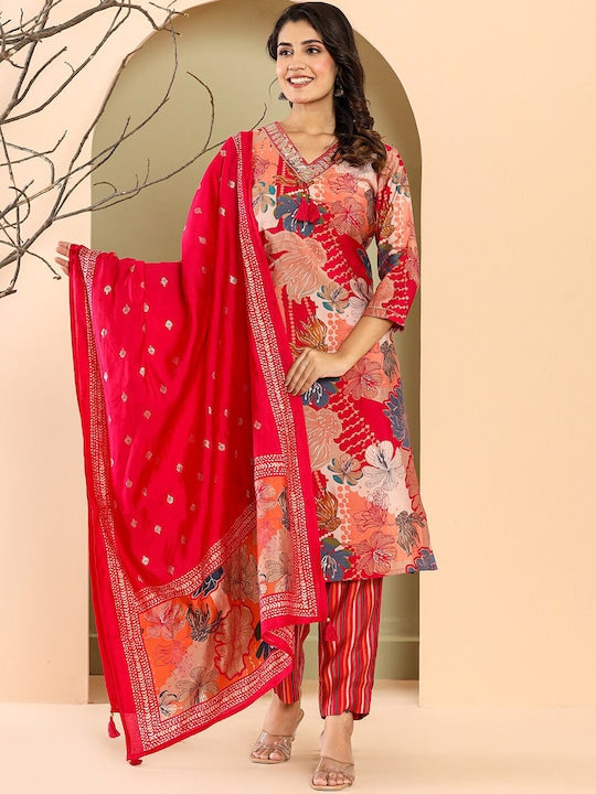 Vishudh Floral Printed Regular Pure Cotton Kurta with Trousers & Dupatta