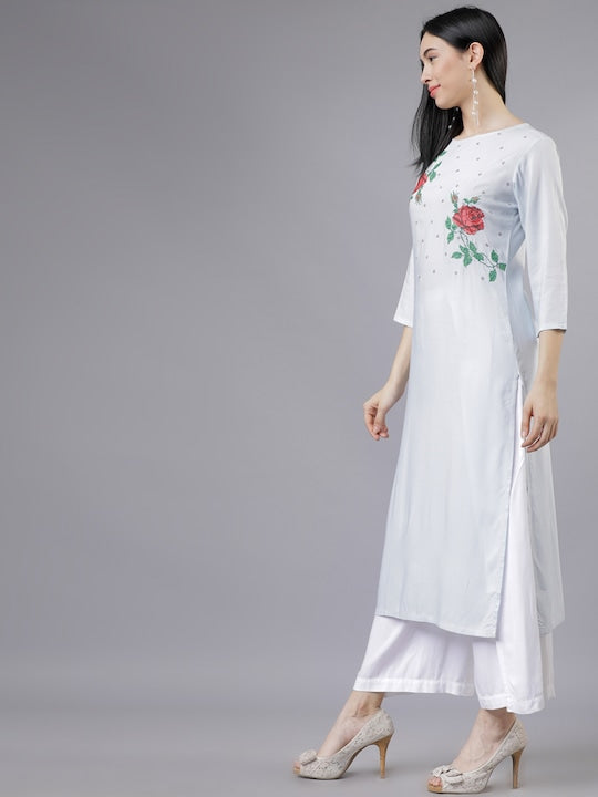 Vishudh Women White Embroidered Straight Kurta