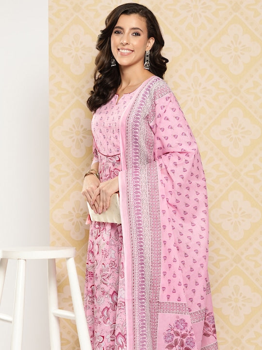 Yufta Floral Printed Anarkali Sequinned Pure Cotton Kurta with Trousers & Dupatta