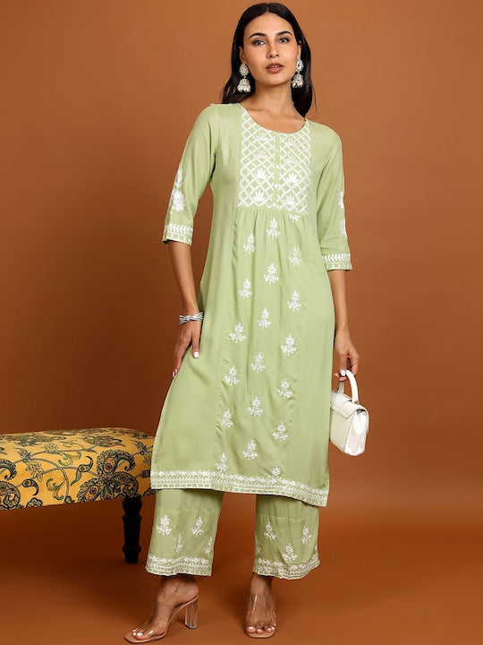 Vishudh Floral Embroidered Thread Work Straight Kurta With Palazzos