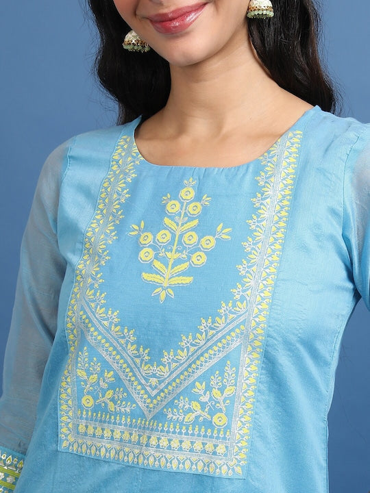 Vishudh Blue Ethnic Motifs Yoke Design Straight Cotton Kurta