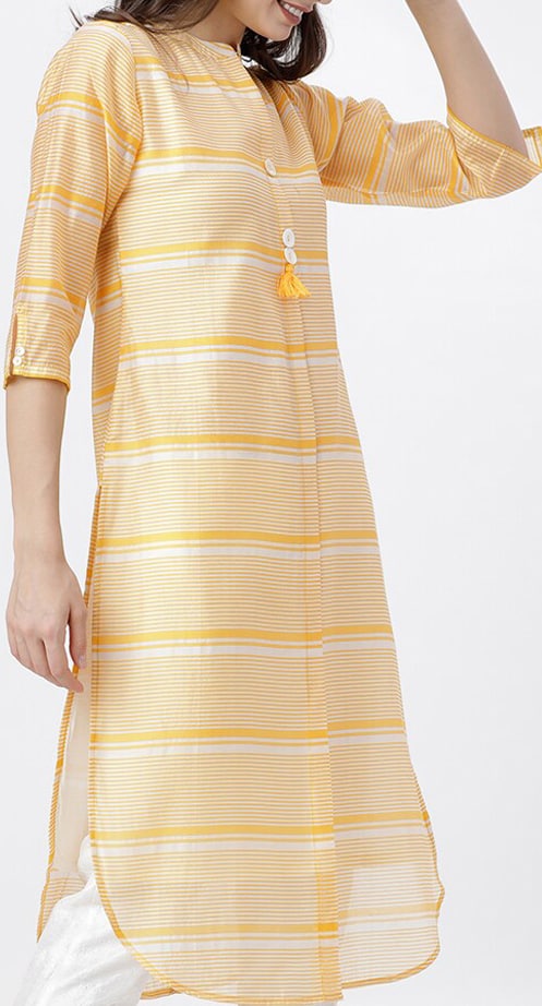 Vishudh Women Yellow & Off White Striped Pathani Kurta