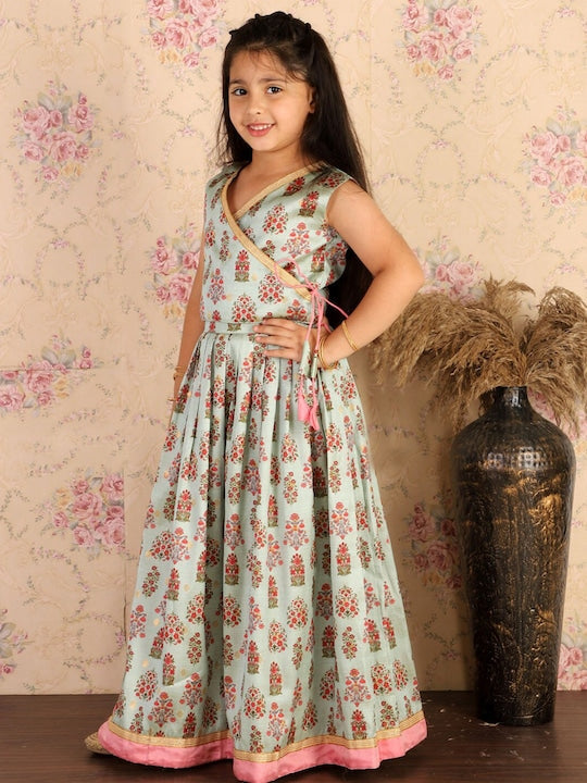 Vastramay Girls Blue & Pink Printed Angrakha Style Printed Ready to Wear Lehenga Set