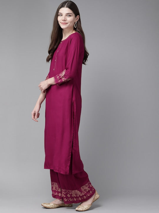 Yufta Women Maroon & Golden Pure Cotton Solid Kurta with Palazzos & Dupatta