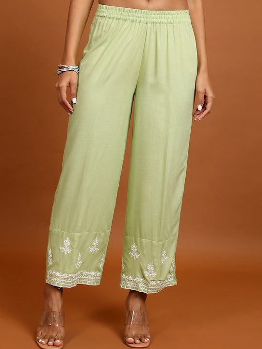 Vishudh Floral Embroidered Thread Work Straight Kurta With Palazzos