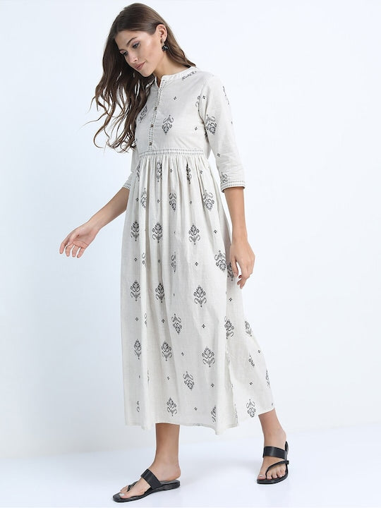 Vishudh Women Cream-Coloured & Grey Ethnic Motifs Cotton Empire Dress