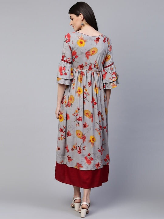 All about you Grey & Red Floral Printed Bell Sleeve Layered Maxi Dress