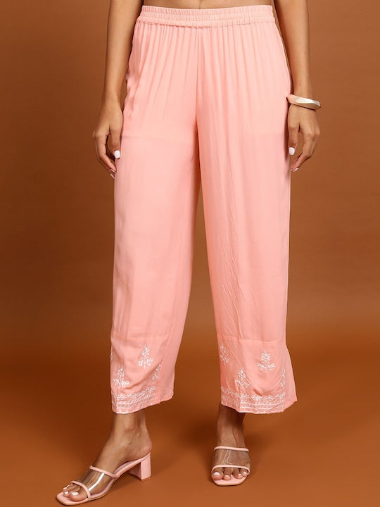 Vishudh Peach-Coloured Floral Embroidered Straight Kurta with Palazzos