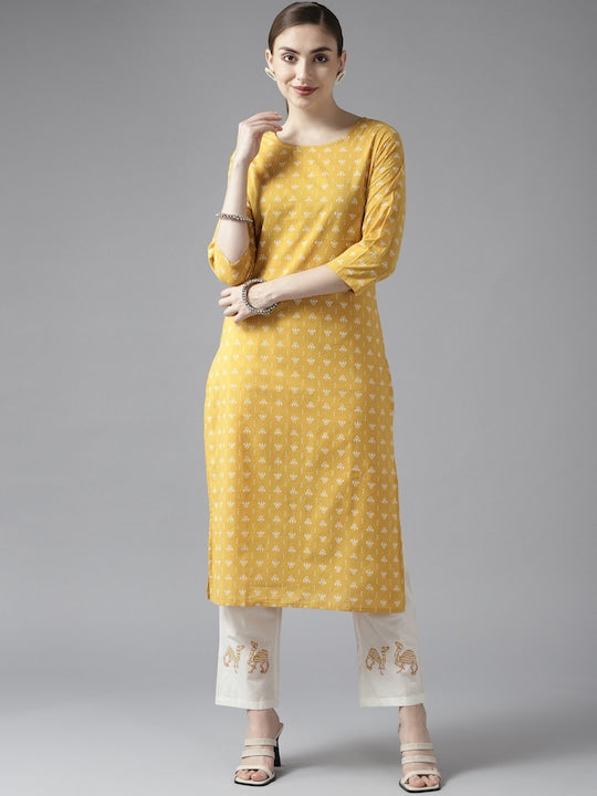 Yufta Women Mustard Yellow Ethnic Motifs Printed Pure Cotton Kurta with Trousers - XXL