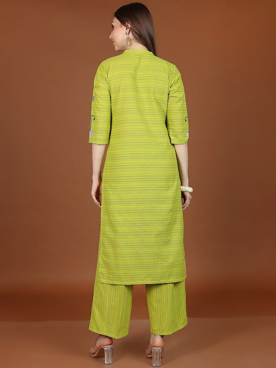 Vishudh Lime Green Striped Regular Pure Cotton Kurta With Palazzos