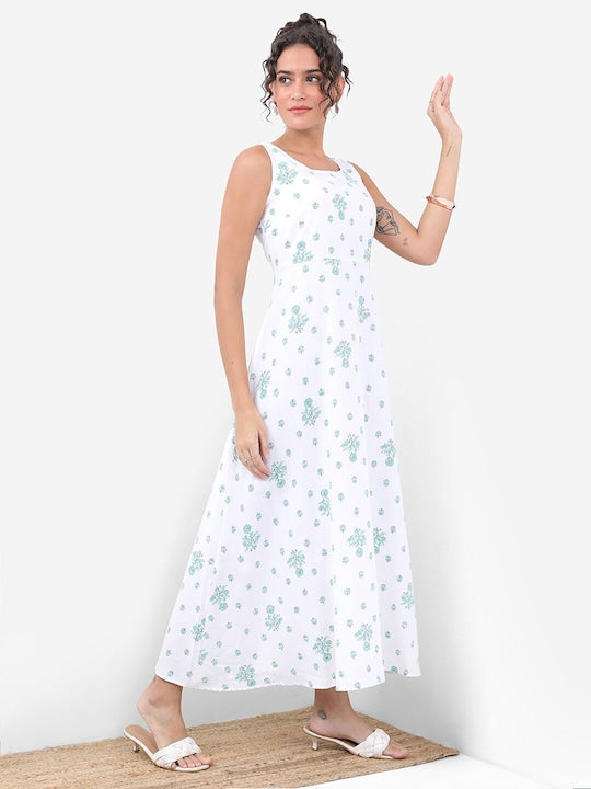 Vishudh White Floral Printed Fit & Flare Midi Dress With Jacket