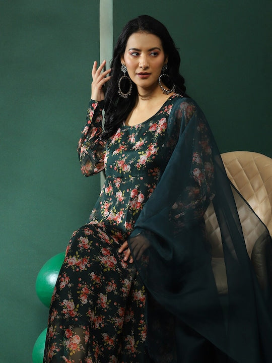 AKS Floral Printed Anarkali Kurta With Trousers & Dupatta