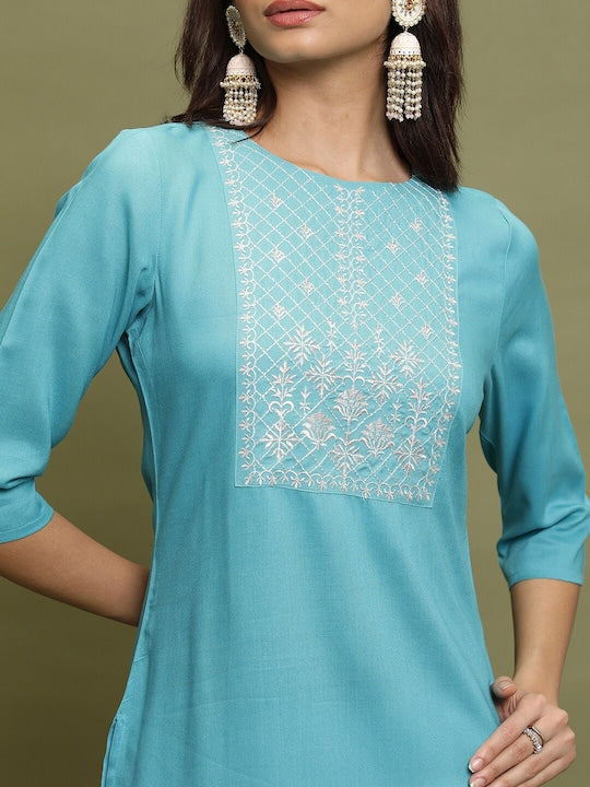 Vishudh Blue Floral Yoke Design Thread Work Straight Kurta