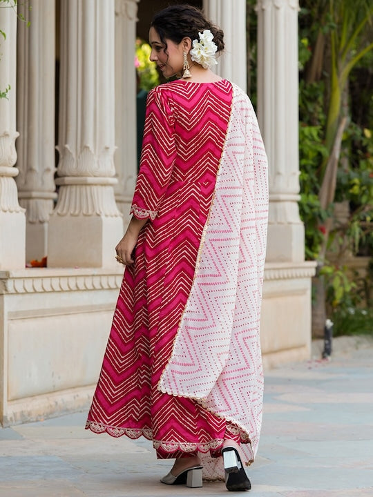 Yufta Chevron Printed Anarkali Sequinned Kurta with Trousers & With Dupatta