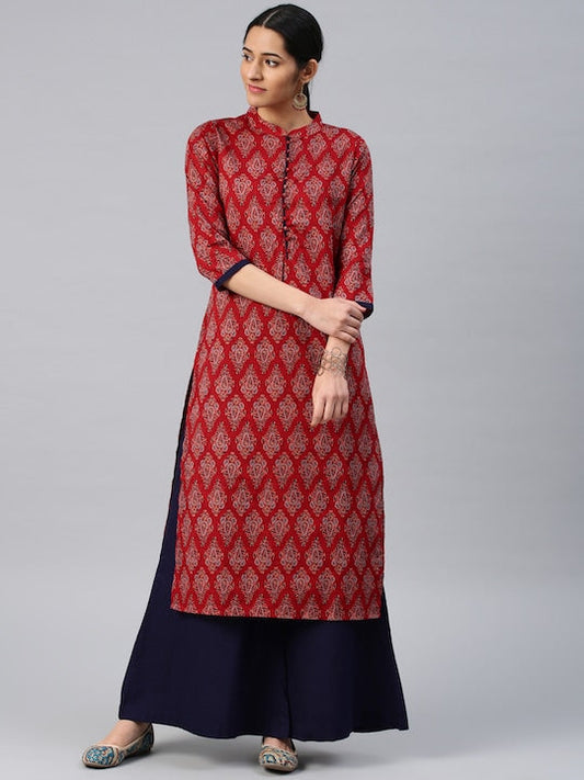 Vishudh Women Maroon & Navy Blue Printed Kurta with Palazzos - S