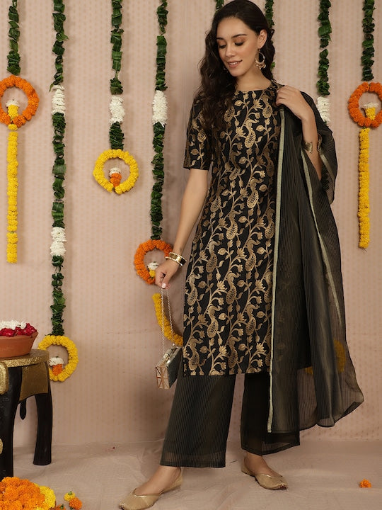 AKS Couture Floral Woven Design Regular Kurta with Palazzos & With Dupatta