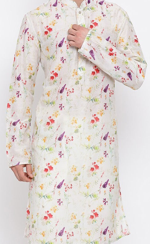 Vastramay Men Cream-Coloured Floral Printed Kurta with Pyjamas