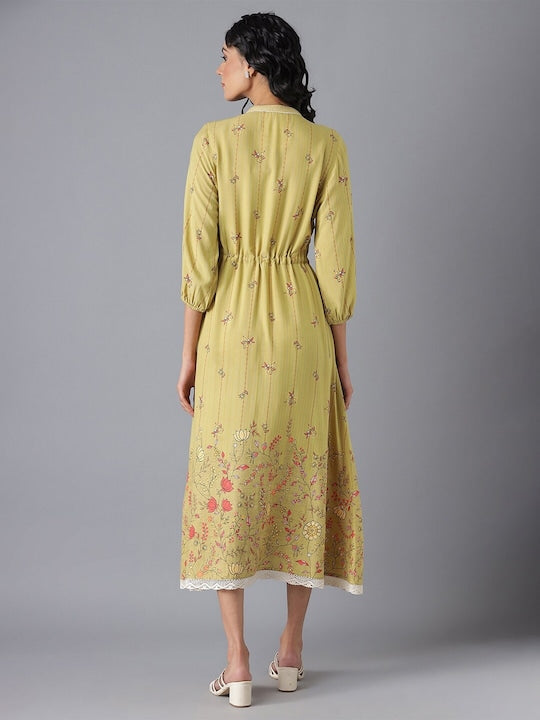 Aurelia Olive Green Ethnic Motifs A-Line Midi Dress