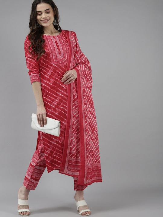 Yufta Women Red Pure Cotton Leheriya Printed Kurta with Palazzos & Dupatta