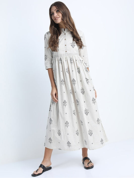 Vishudh Women Cream-Coloured & Grey Ethnic Motifs Cotton Empire Dress