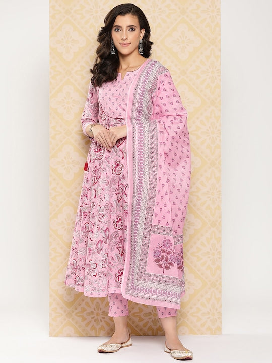 Yufta Floral Printed Anarkali Sequinned Pure Cotton Kurta with Trousers & Dupatta