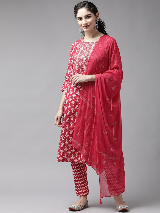 Yufta Women Coral Pink & White Block Print Sequinned Kurta with Trousers & Dupatta