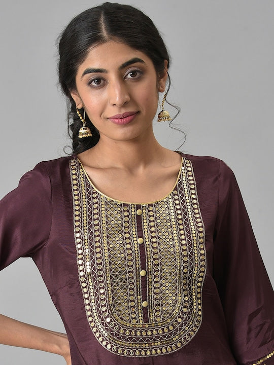 Aurelia Aurelia Women Brown Shantung Liva Kurta with Gathered Sharara
