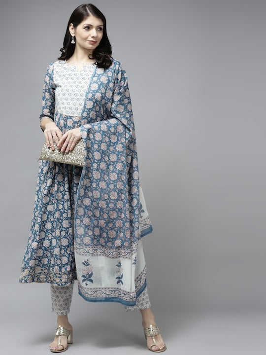 Yufta Women Navy Blue Floral Printed Sequinned Pure Cotton Kurta with Palazzos & With Dupatta