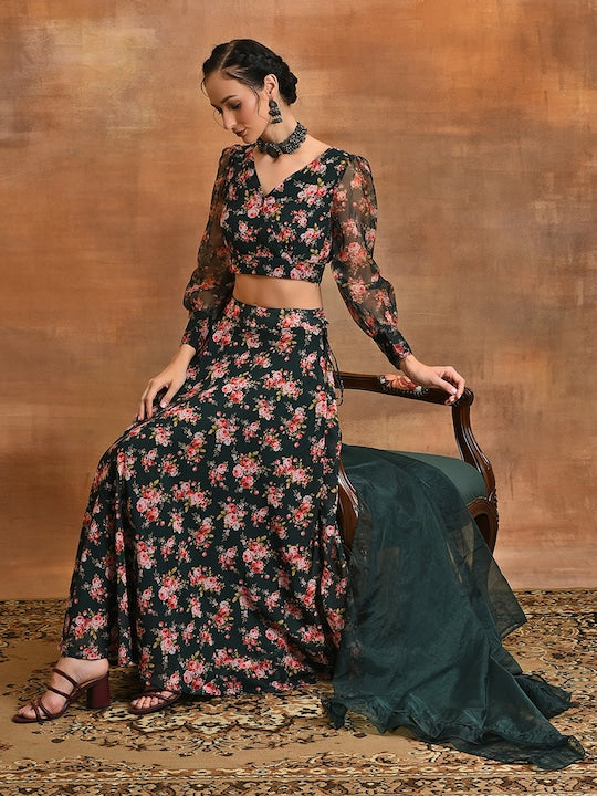 AKS Floral Printed V-Neck Ready to Wear Lehenga & Blouse With Dupatta