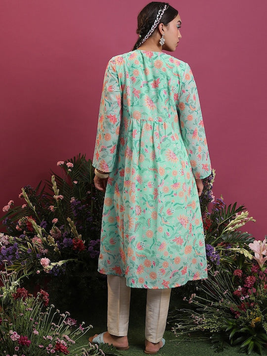 Vishudh Floral Printed V-Neck Anarkali Kurta