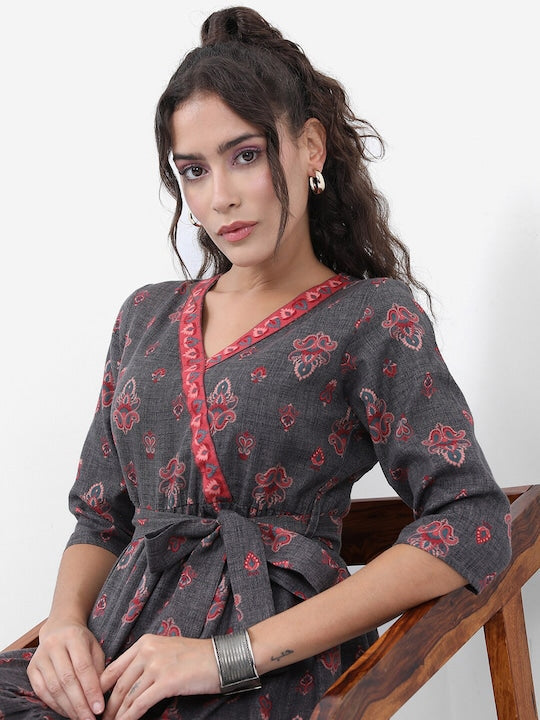 Vishudh Charcoal Ethnic Motif Printed Tiered Fit & Flare Midi Ethnic Dress
