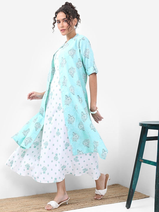 Vishudh White Floral Printed Fit & Flare Midi Dress With Jacket