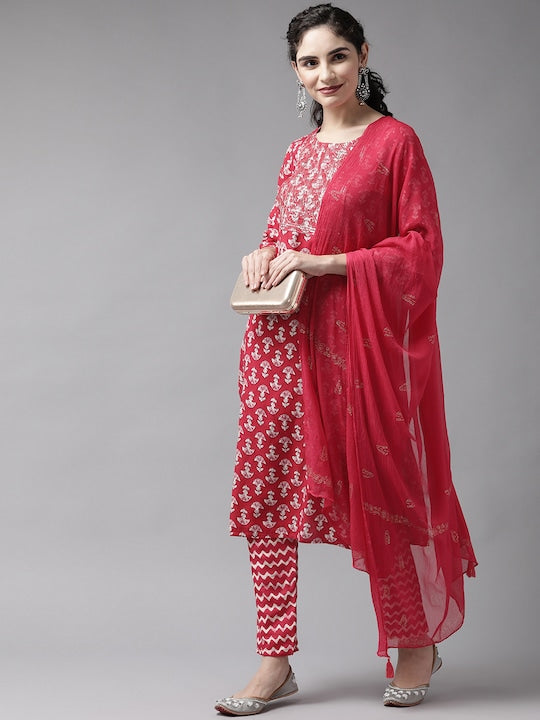 Yufta Women Coral Pink & White Block Print Sequinned Kurta with Trousers & Dupatta