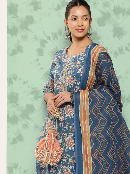 Yufta Floral Printed Thread Work Pure Cotton Kurta With Trousers & With Dupatta