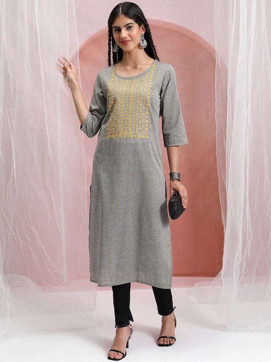 Vishudh Grey & Yellow Ethnic Motifs Yoke Design Thread Work Cotton Kurta