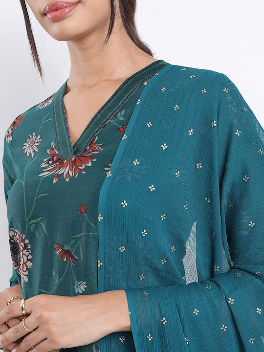 Vishudh Teal Floral Printed Straight Kurta with Trousers With Dupatta