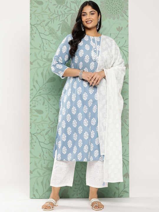 Yufta Plus Size Ethnic Motifs Printed Pure Cotton Kurta with Trousers & With Dupatta