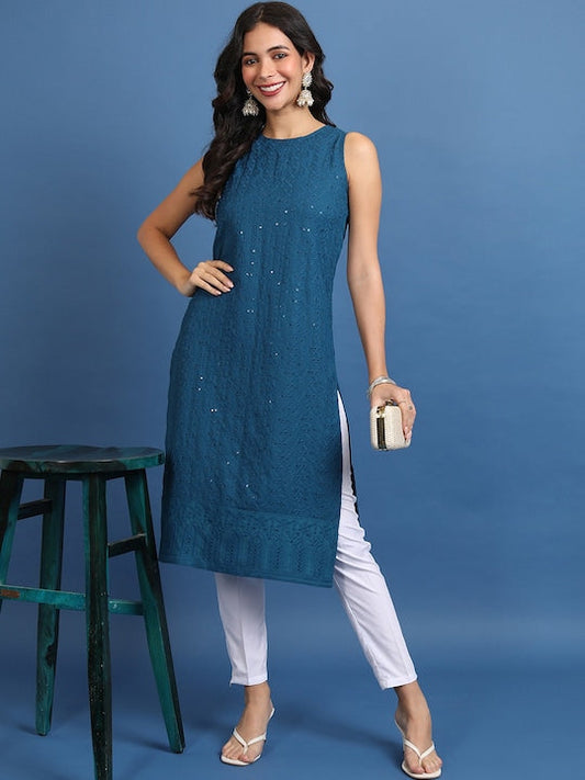 Vishudh Teal Floral Embroiderd Sequinned Sleeveless Straight Kurta