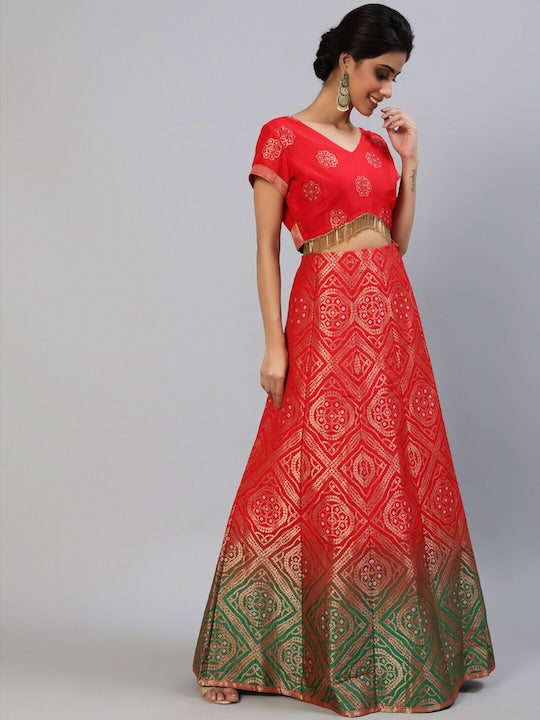 AKS Red Woven Design Ready to Wear Lehenga & Blouse With Dupatta