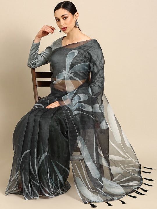 All about you Grey Floral Organza Saree