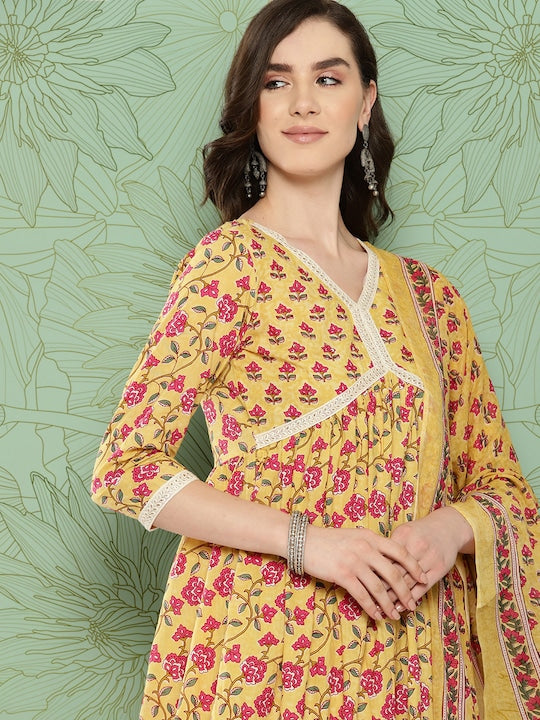 Yufta Women Floral Printed Regular Pure Cotton Kurta with Trousers & With Dupatta