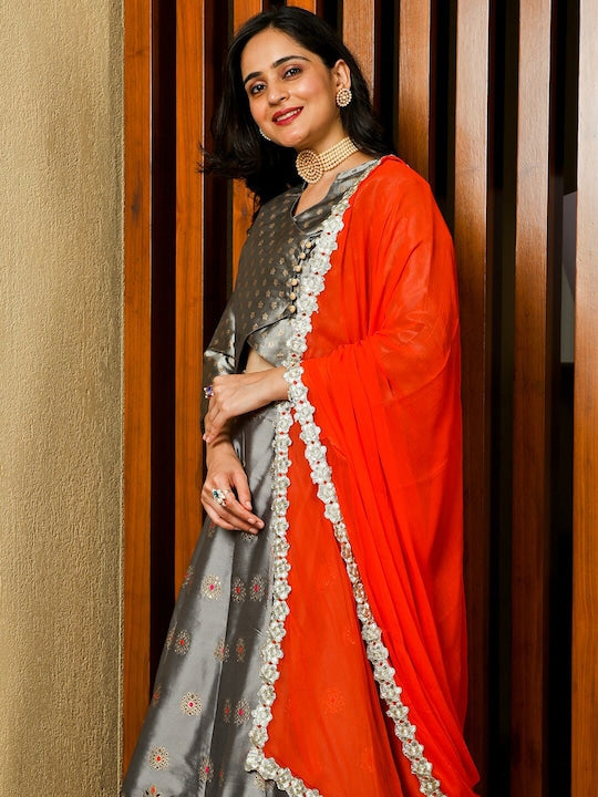 AKS Couture Woven Design Mirror Work Ready to Wear Lehenga & Blouse With Dupatta