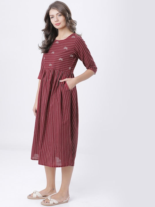 Vishudh Women Maroon & Off-White Striped Fit and Flare Dress