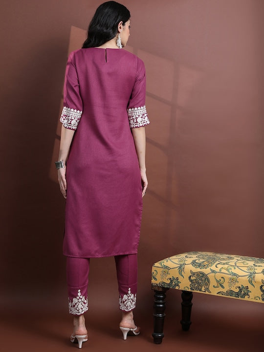 Vishudh Faux Pashmia Floral Embroidered Round Neck Kurta with Trousers