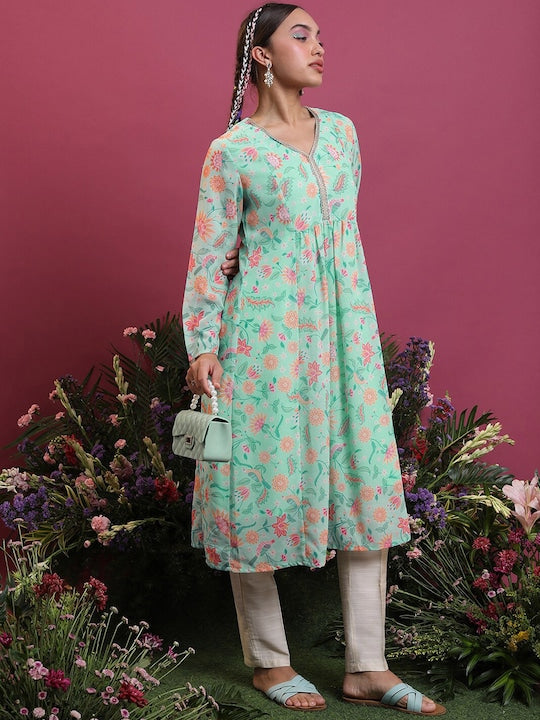 Vishudh Floral Printed V-Neck Anarkali Kurta