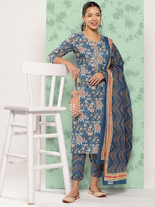 Yufta Floral Printed Thread Work Pure Cotton Kurta With Trousers & With Dupatta