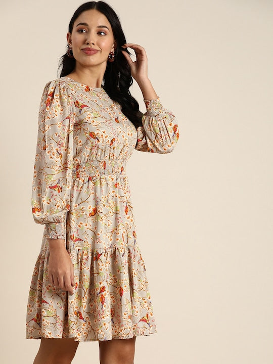 All about you Grey & Orange Floral Printed Gathered Fit and Flare Dress