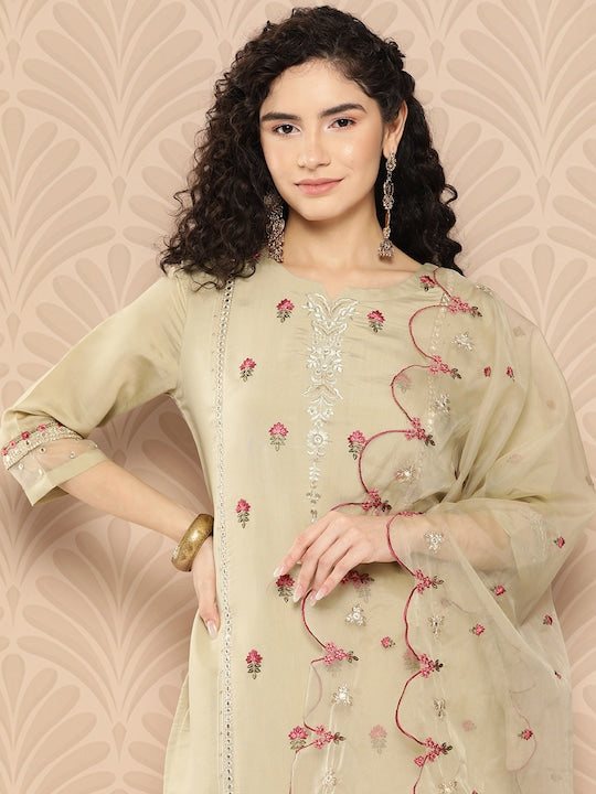 Yufta Floral Embroidered Regular Thread Work Pure Cotton Kurta with Trousers & Dupatta